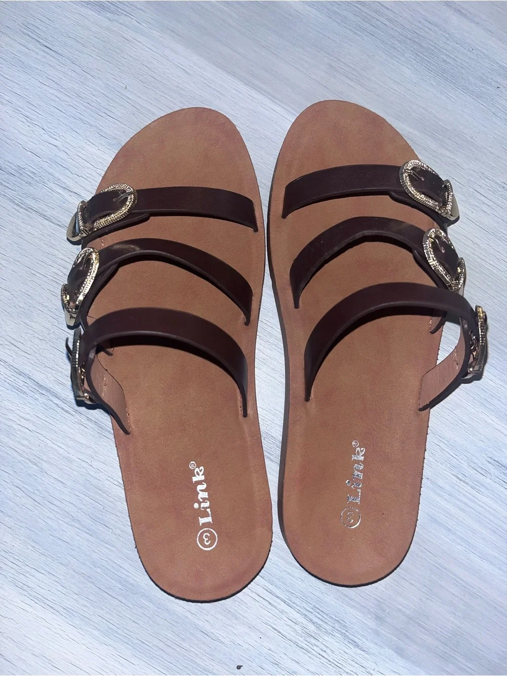 Link Brown Girls' Strappy Sandals with Gold Buckles